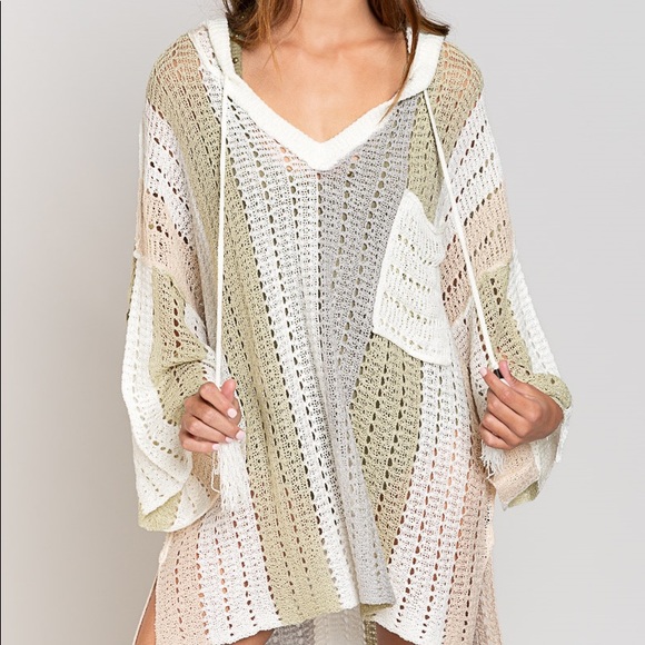 POL CLOTHING Knit stripe hoodie bikini cover up beach hoodie sweater white vneck - Picture 8 of 11